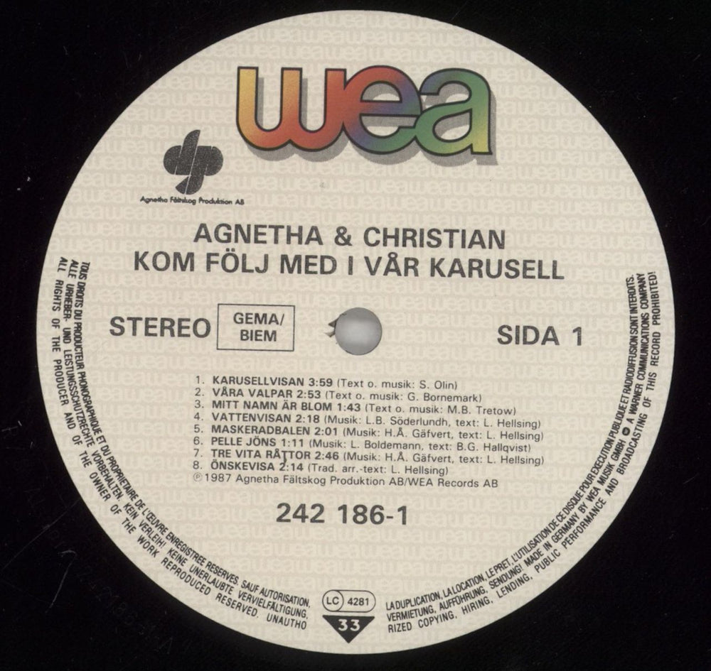 Agnetha Fältskog Kom Folj Med I Var Karusell - EX Swedish vinyl LP album (LP record) AGNLPKO862621