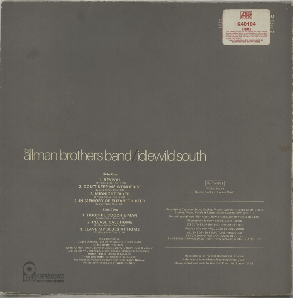 Allman Brothers Band Idlewild South UK vinyl LP album (LP record)