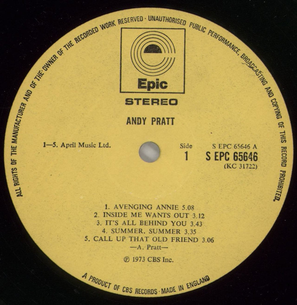 Andy Pratt Andy Pratt UK vinyl LP album (LP record) A2JLPAN531050