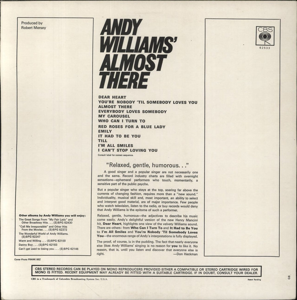 Andy Williams Almost There UK vinyl LP album (LP record)