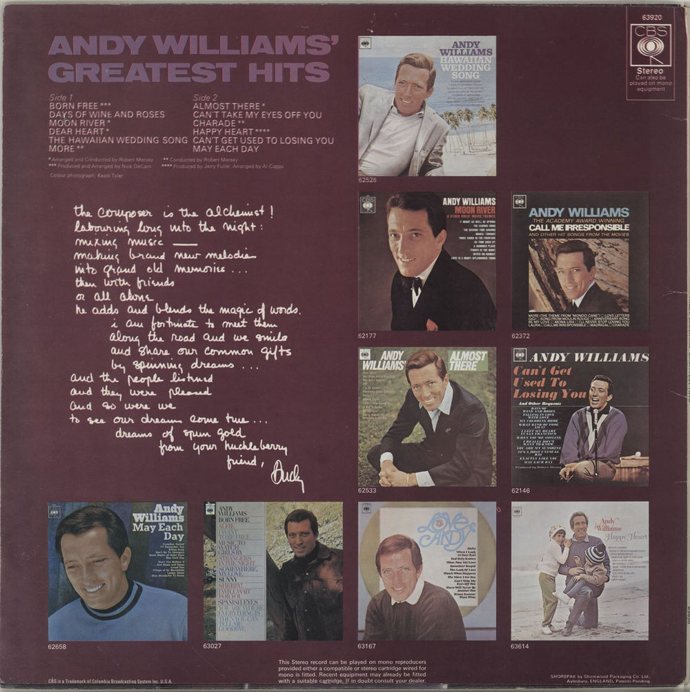 Andy Williams Andy Williams' Greatest Hits UK vinyl LP album (LP record)