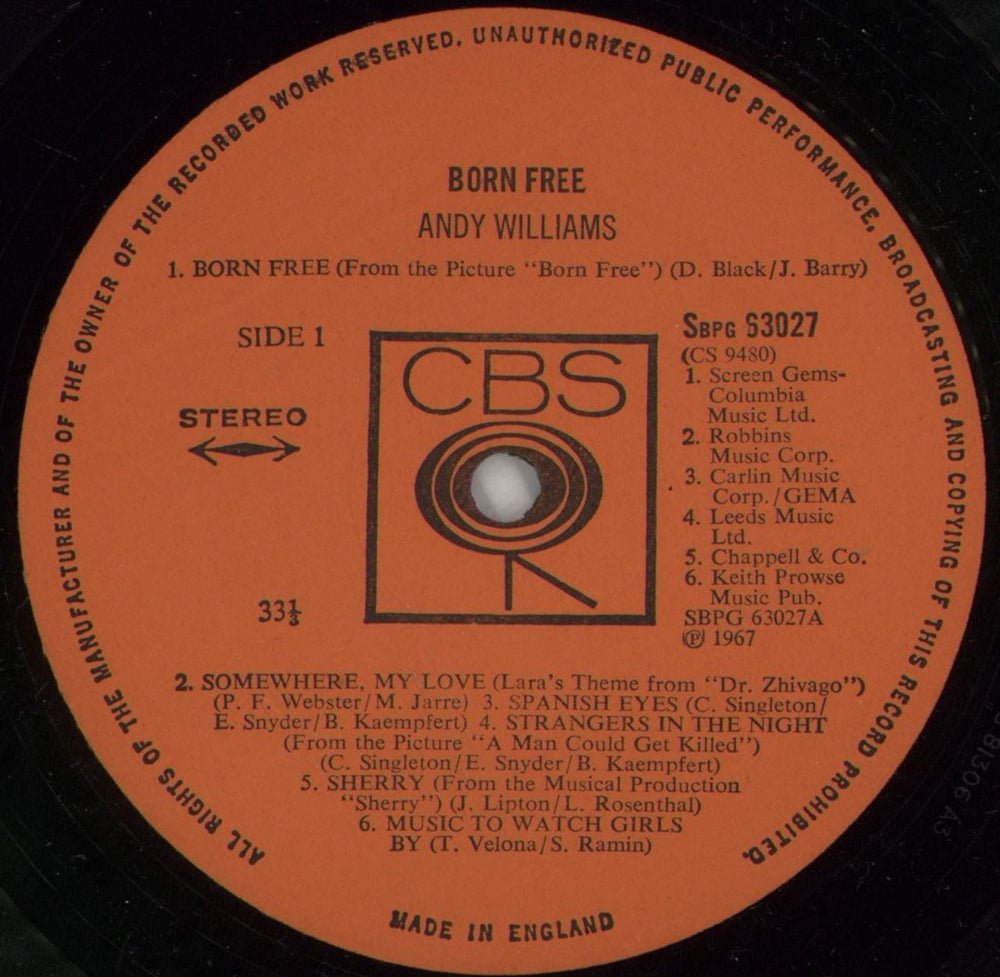 Andy Williams Born Free UK vinyl LP album (LP record) AWILPBO869018