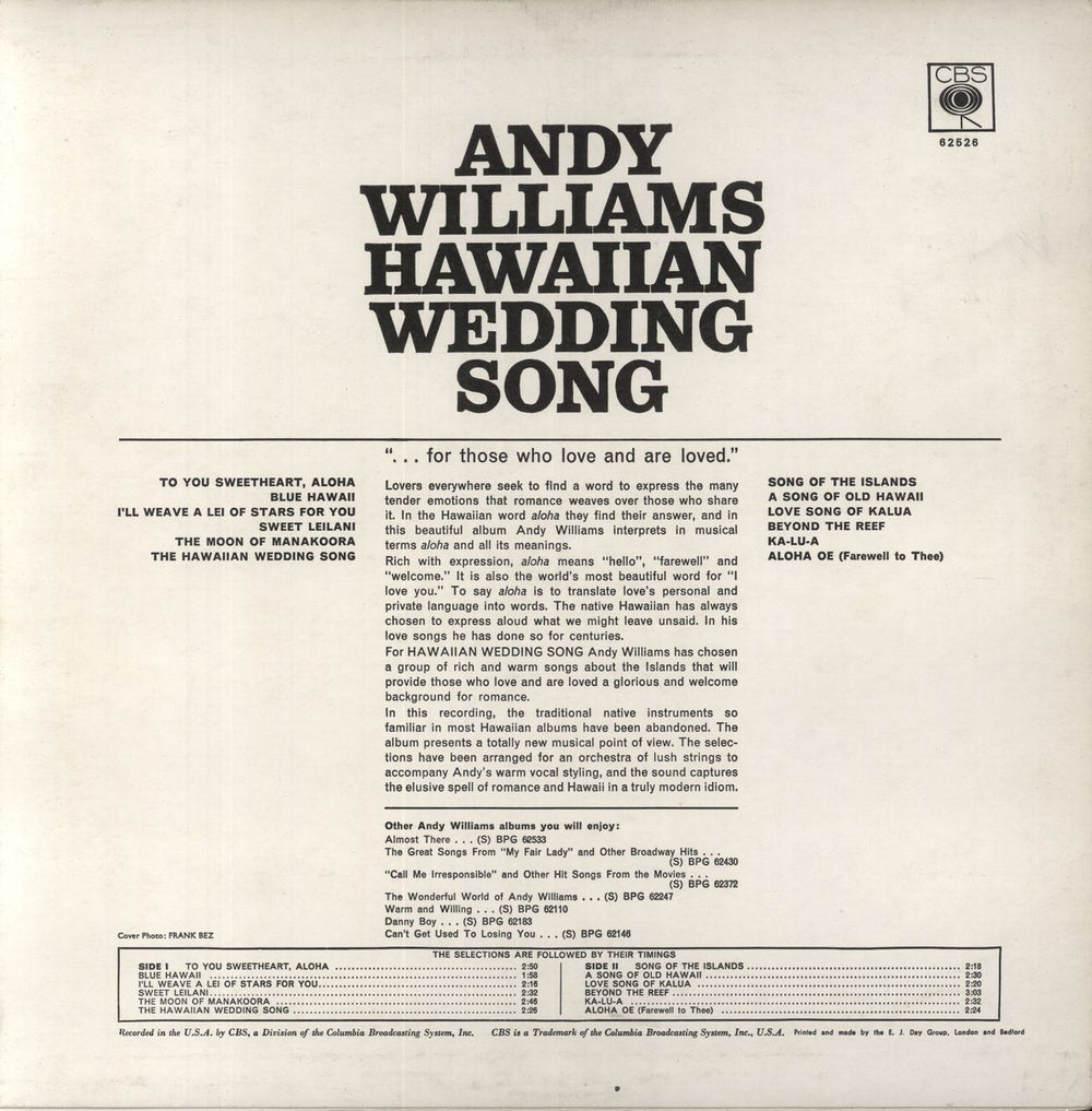 Andy Williams Hawaiian Wedding Song UK vinyl LP album (LP record)