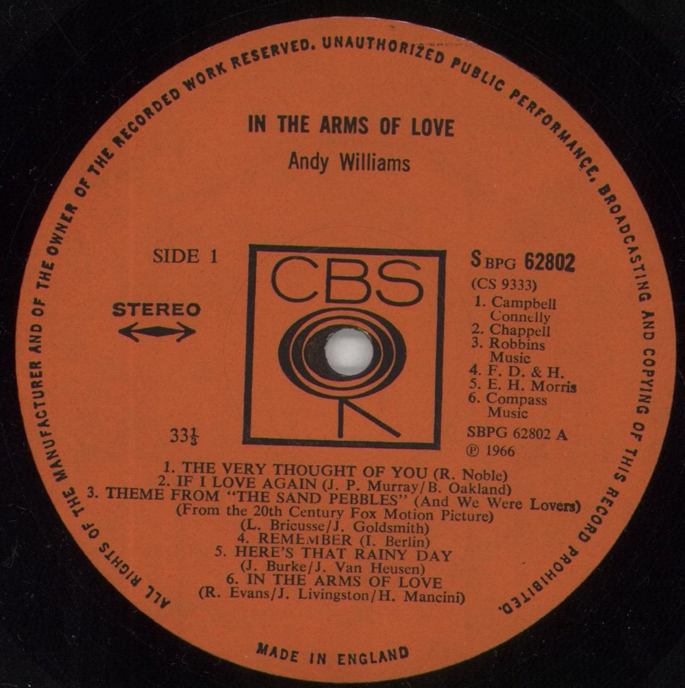 Andy Williams In The Arms Of Love UK vinyl LP album (LP record) AWILPIN849098