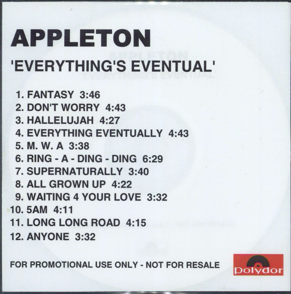 Appleton Everything's Eventual UK Promo CD-R acetate CDR