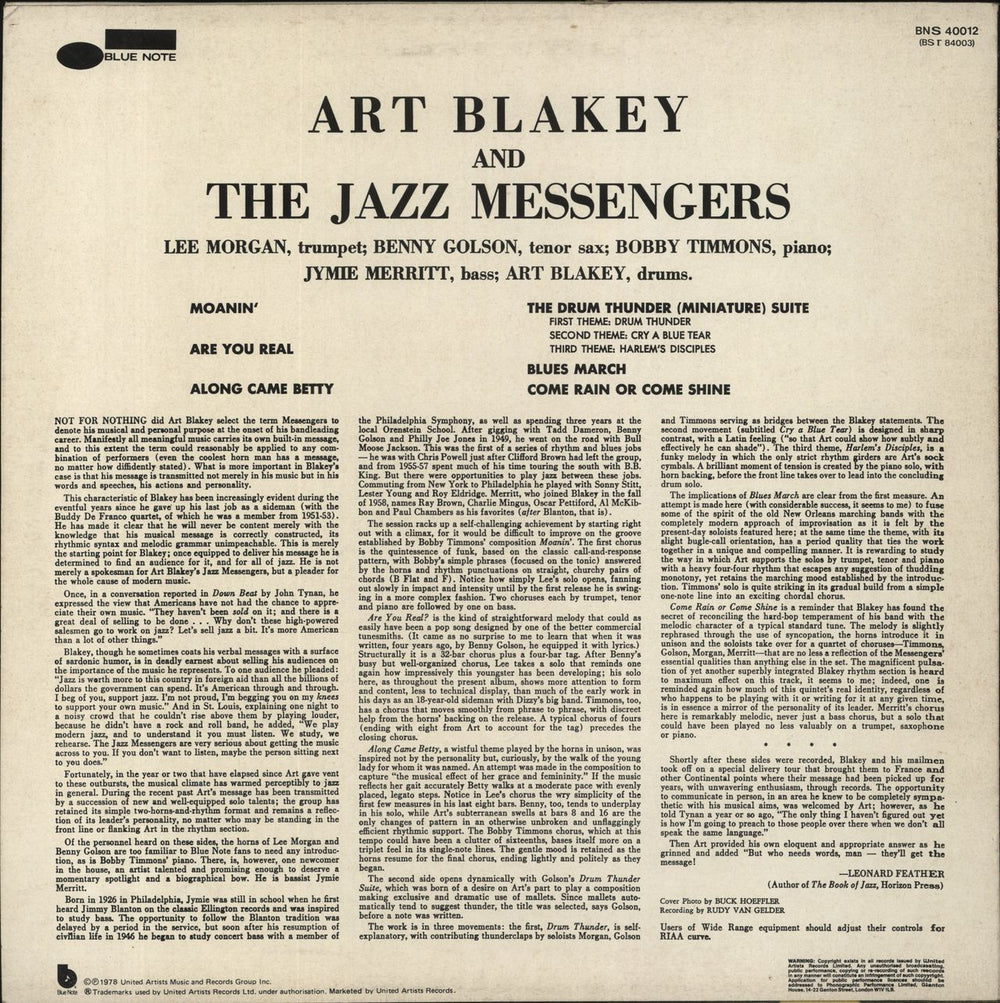 Art Blakey & The Jazz Messengers Moanin' UK vinyl LP album (LP record)