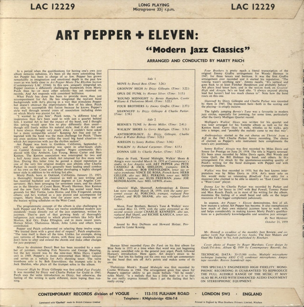 Art Pepper Modern Jazz Classics - VG UK vinyl LP album (LP record)