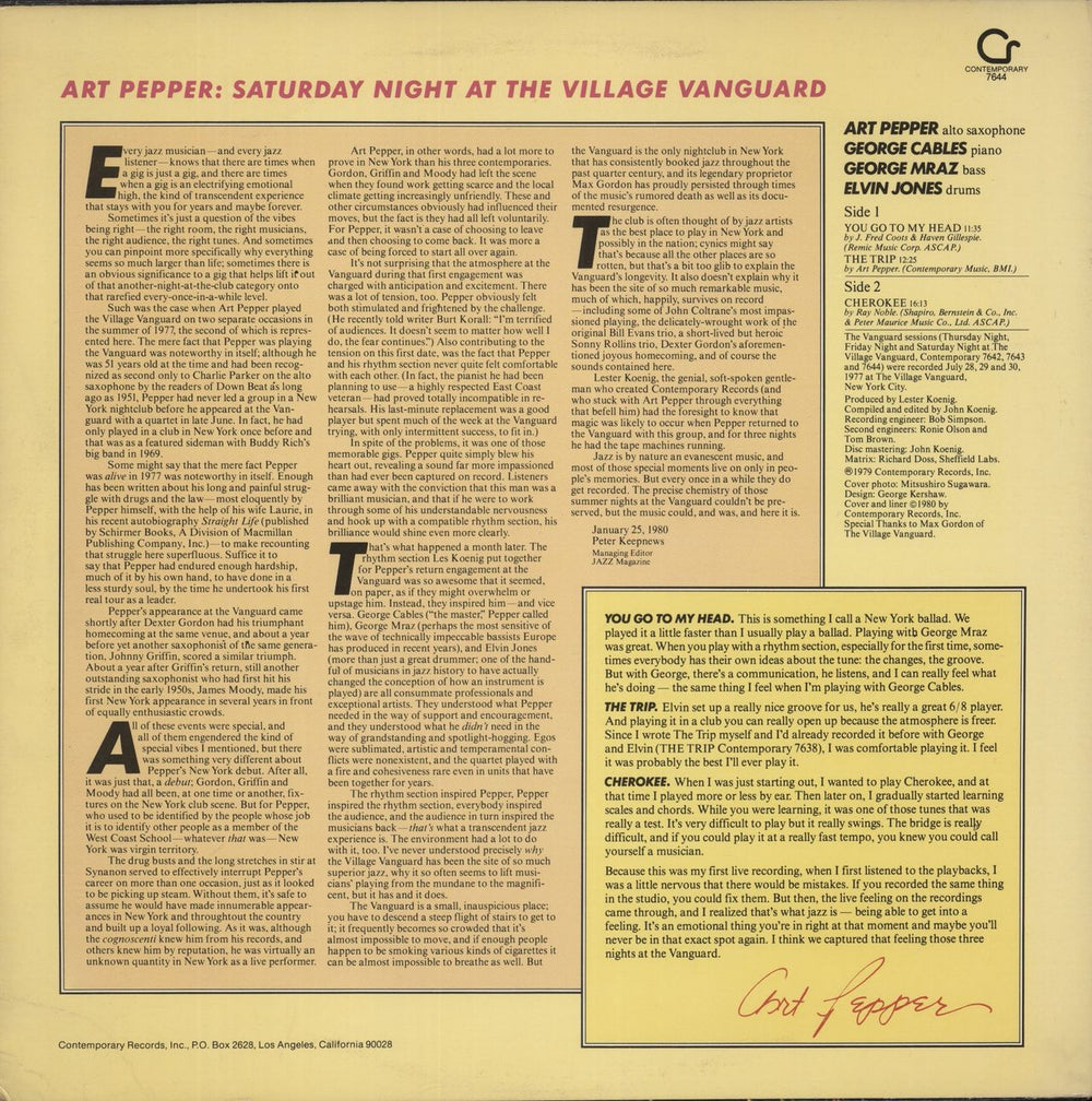Art Pepper Saturday Night At The Village Vanguard US vinyl LP album (LP record)
