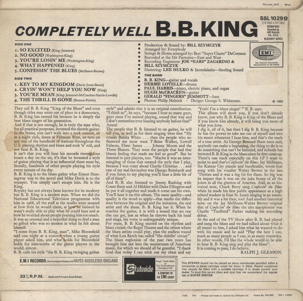 B B King Completely Well UK vinyl LP album (LP record)