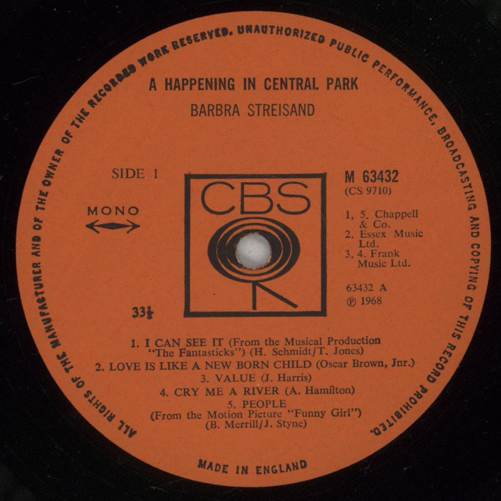 Barbra Streisand A Happening In Central Park UK vinyl LP album (LP record) BARLPAH875698