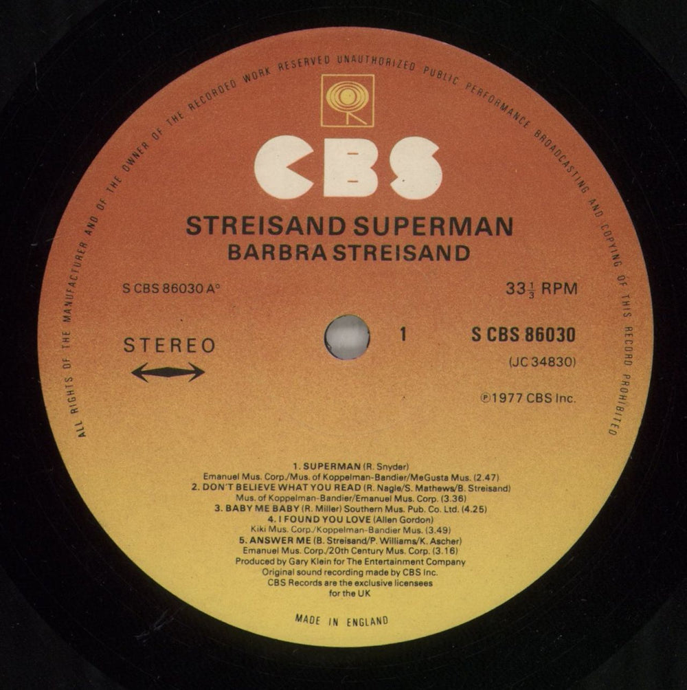 Barbra Streisand Superman - Hype-Sticker UK vinyl LP album (LP record) BARLPSU878811