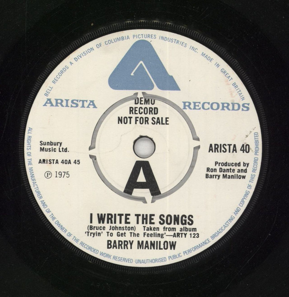 Barry Manilow I Write The Songs UK Promo 7" vinyl single (7 inch record / 45) ARISTA40