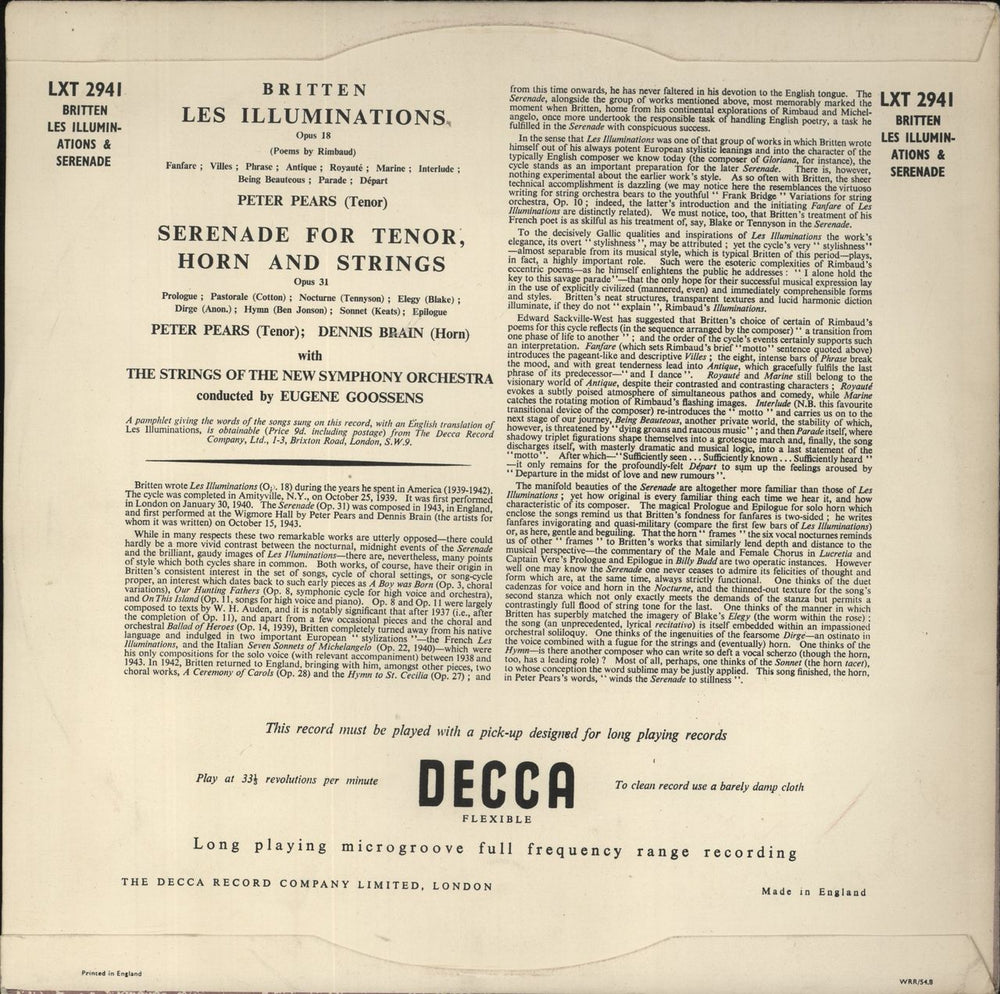 Benjamin Britten Britten: Les Illuminations / Serenade For Tenor, Horn And Strings UK vinyl LP album (LP record)