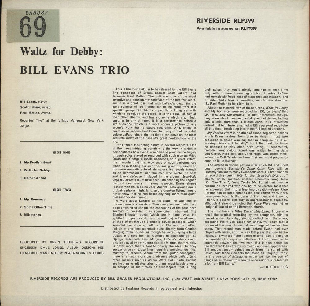 Bill Evans (Piano) Waltz For Debby - 1st - G UK vinyl LP album (LP record)