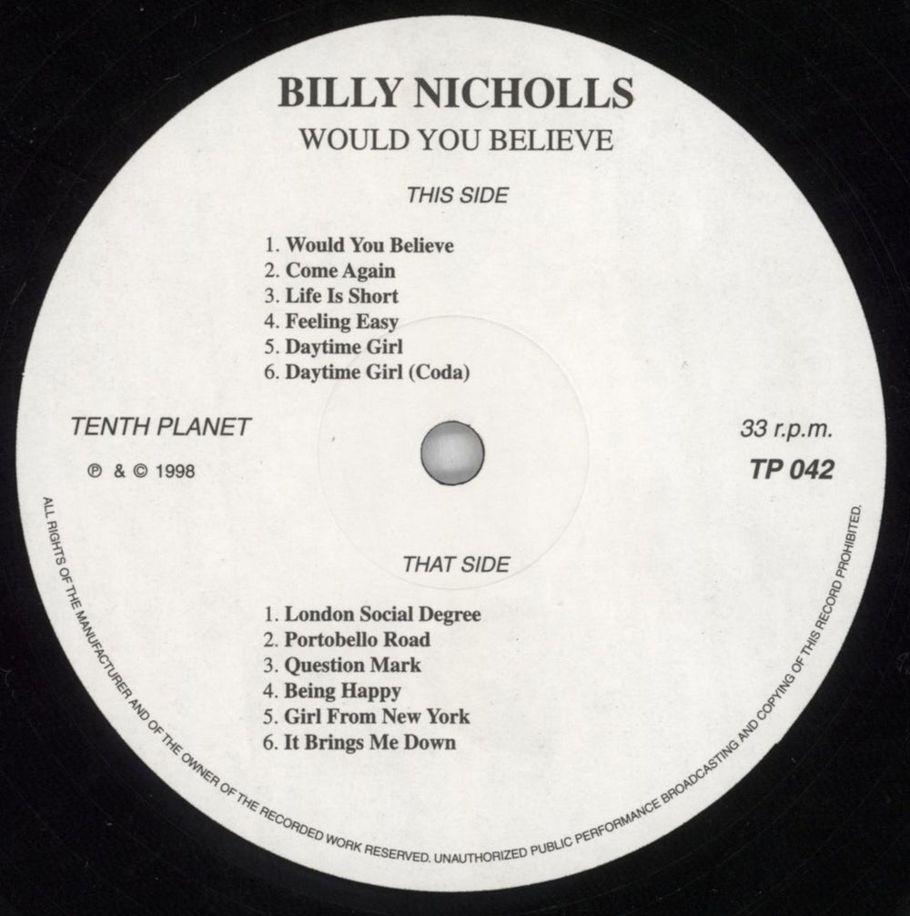 Billy Nicholls Would You Believe UK vinyl LP album (LP record) NCSLPWO818006
