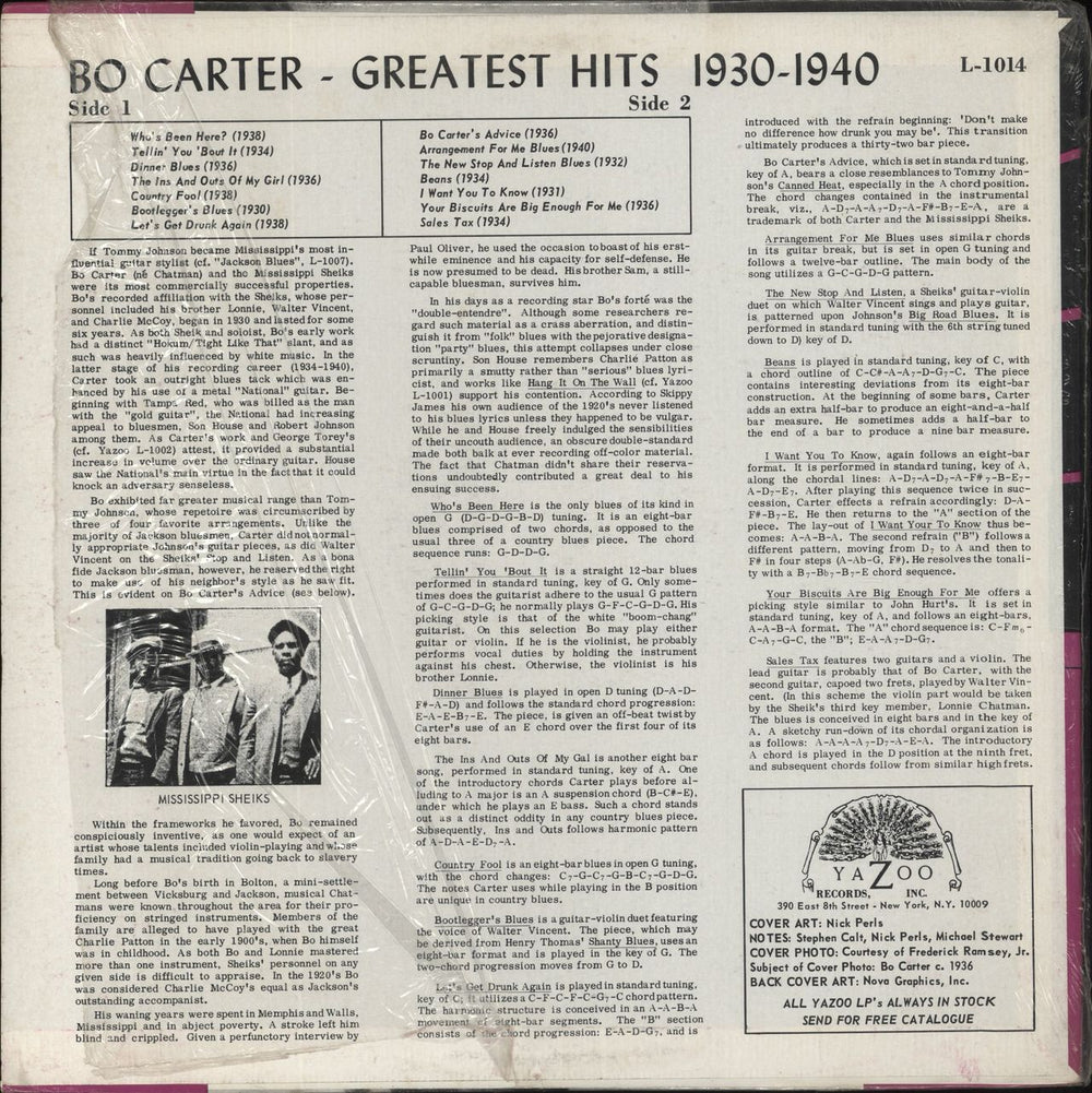 Bo Carter Greatest Hits 1930-1940 US vinyl LP album (LP record)