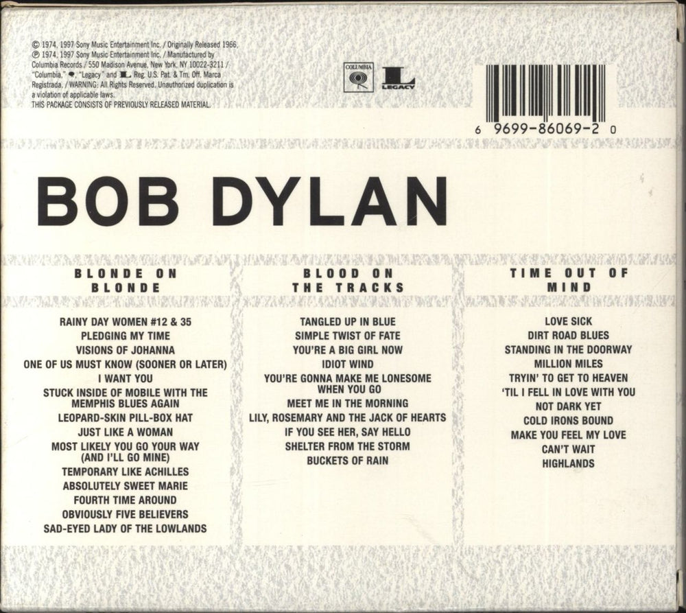 Bob Dylan Blonde On Blonde / Blood On The Tracks / Time Out Of Mind US CD Album Box Set 696998606920