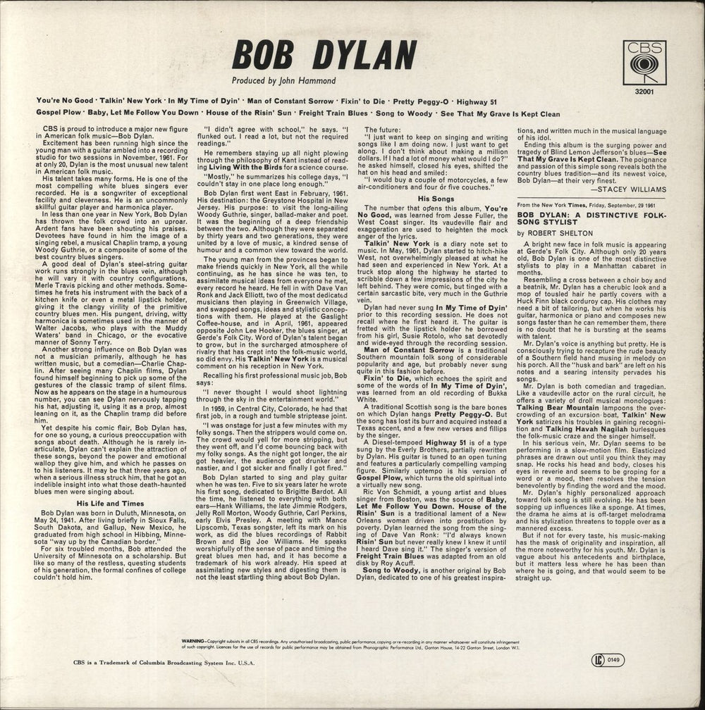 Bob Dylan Bob Dylan UK vinyl LP album (LP record)