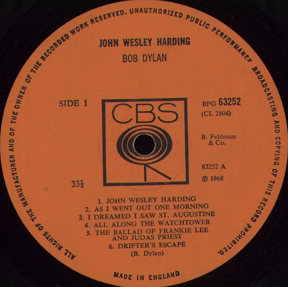 Bob Dylan John Wesley Harding - 1st Mono - EX UK vinyl LP album (LP record) DYLLPJO570597