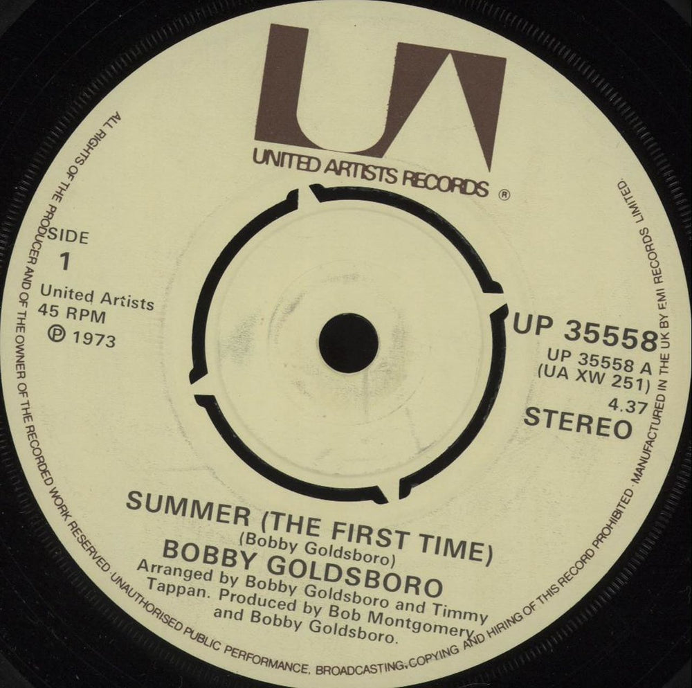 Bobby Goldsboro Summer (The First Time) UK 7" vinyl single (7 inch record / 45) UP35558