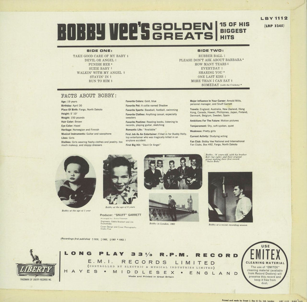 Bobby Vee Golden Greats - EX UK vinyl LP album (LP record)