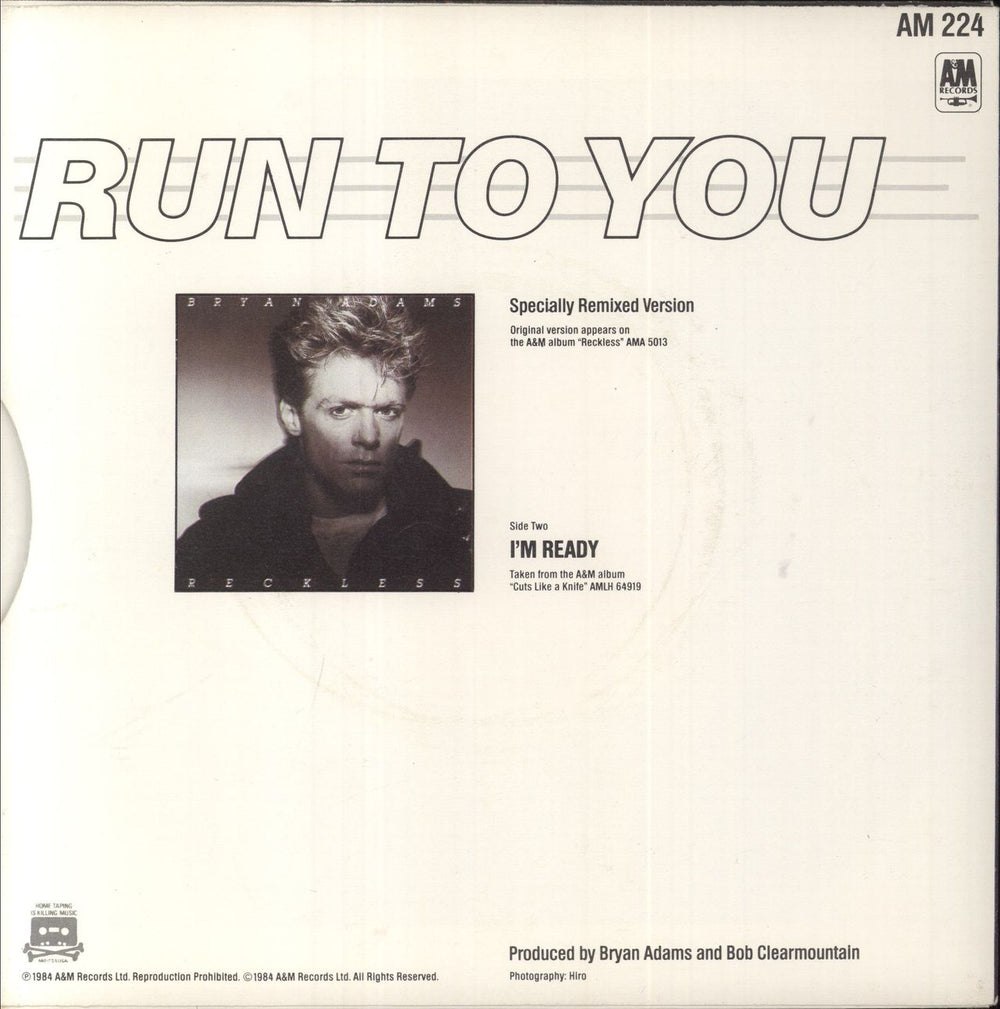 Bryan Adams Run To You UK 7" vinyl single (7 inch record / 45)