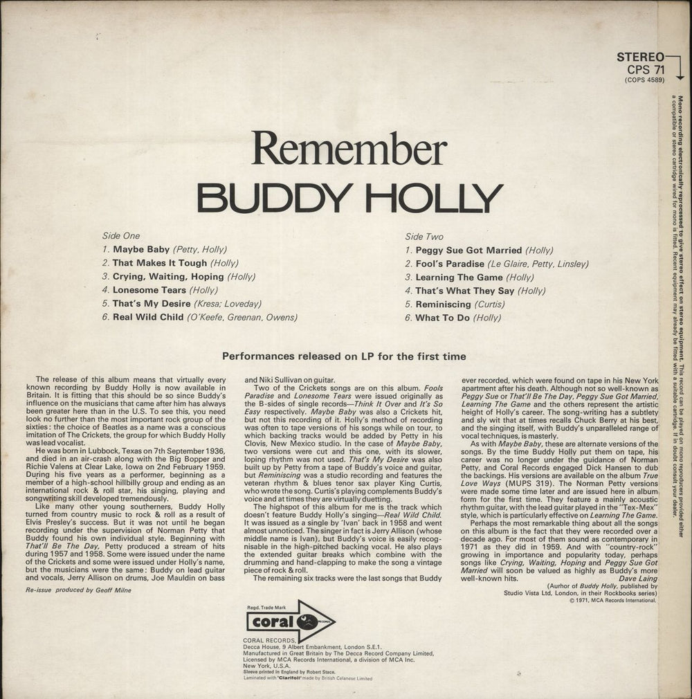 Buddy Holly Remember Buddy Holly UK vinyl LP album (LP record)