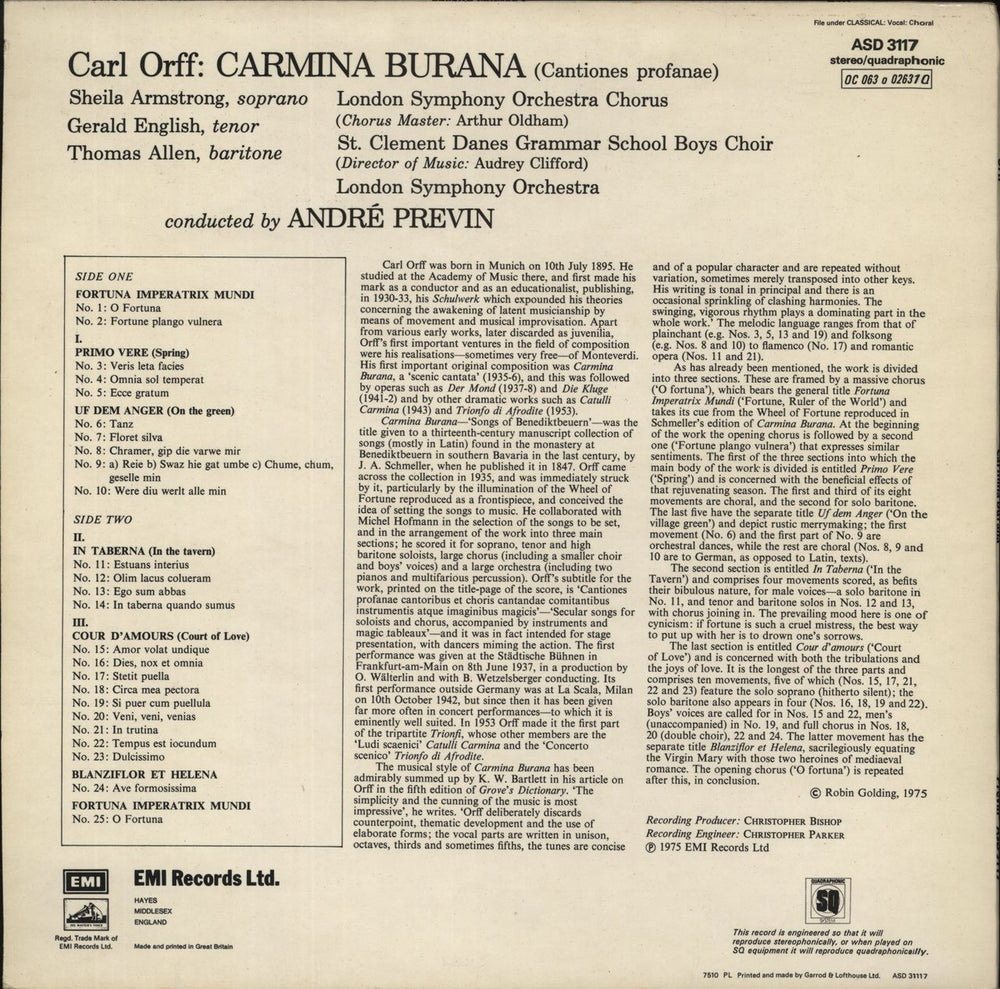 Carl Orff Carmina Burana - Quad UK vinyl LP album (LP record)