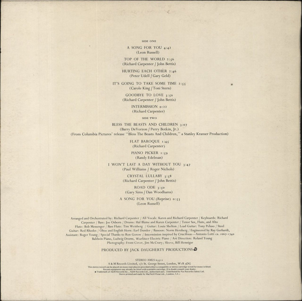 Carpenters A Song For You - 2nd - EX UK vinyl LP album (LP record)