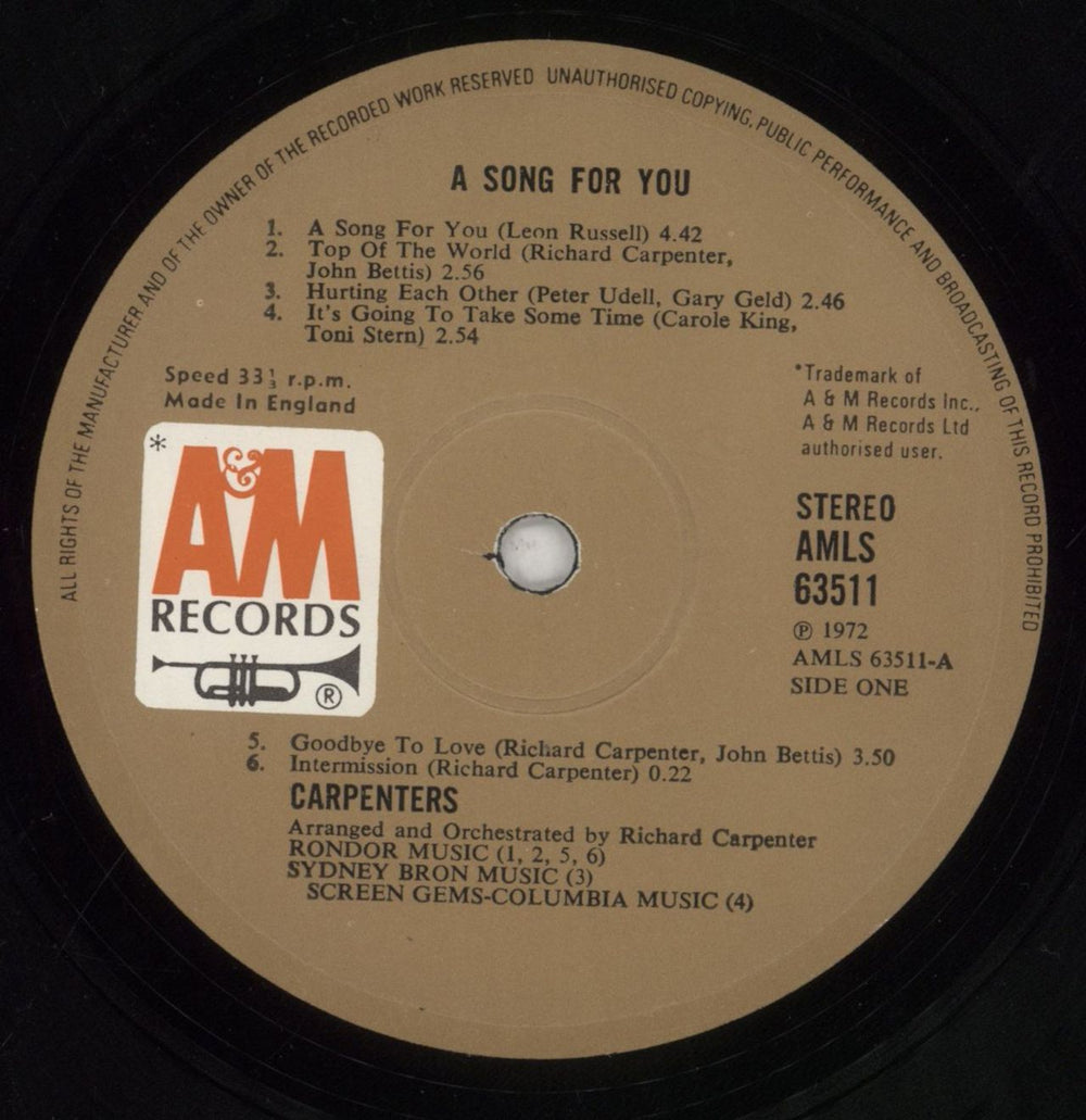Carpenters A Song For You - 2nd - EX UK vinyl LP album (LP record) CRPLPAS856089