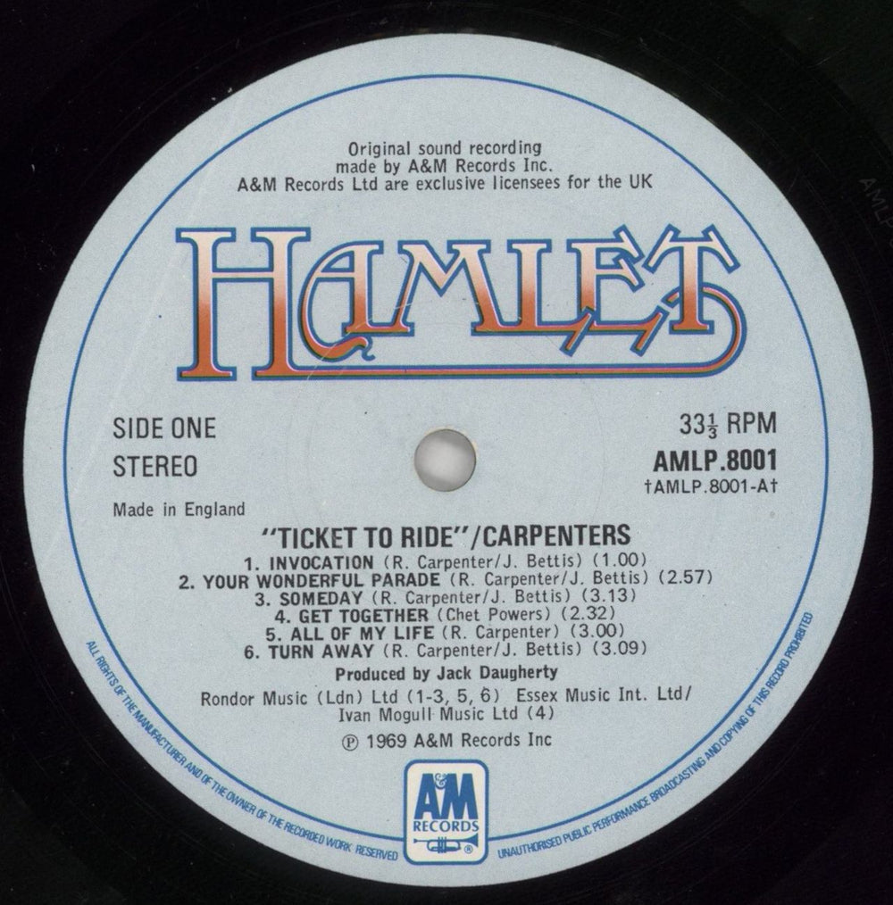 Carpenters Ticket To Ride UK vinyl LP album (LP record) CRPLPTI525975