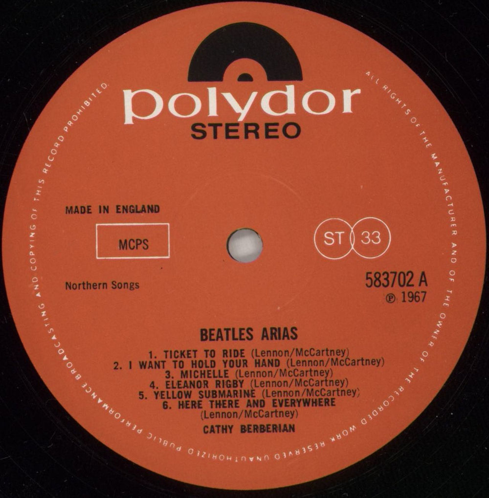 Cathy Berberian Beatles Arias UK vinyl LP album (LP record) 3D8LPBE765114