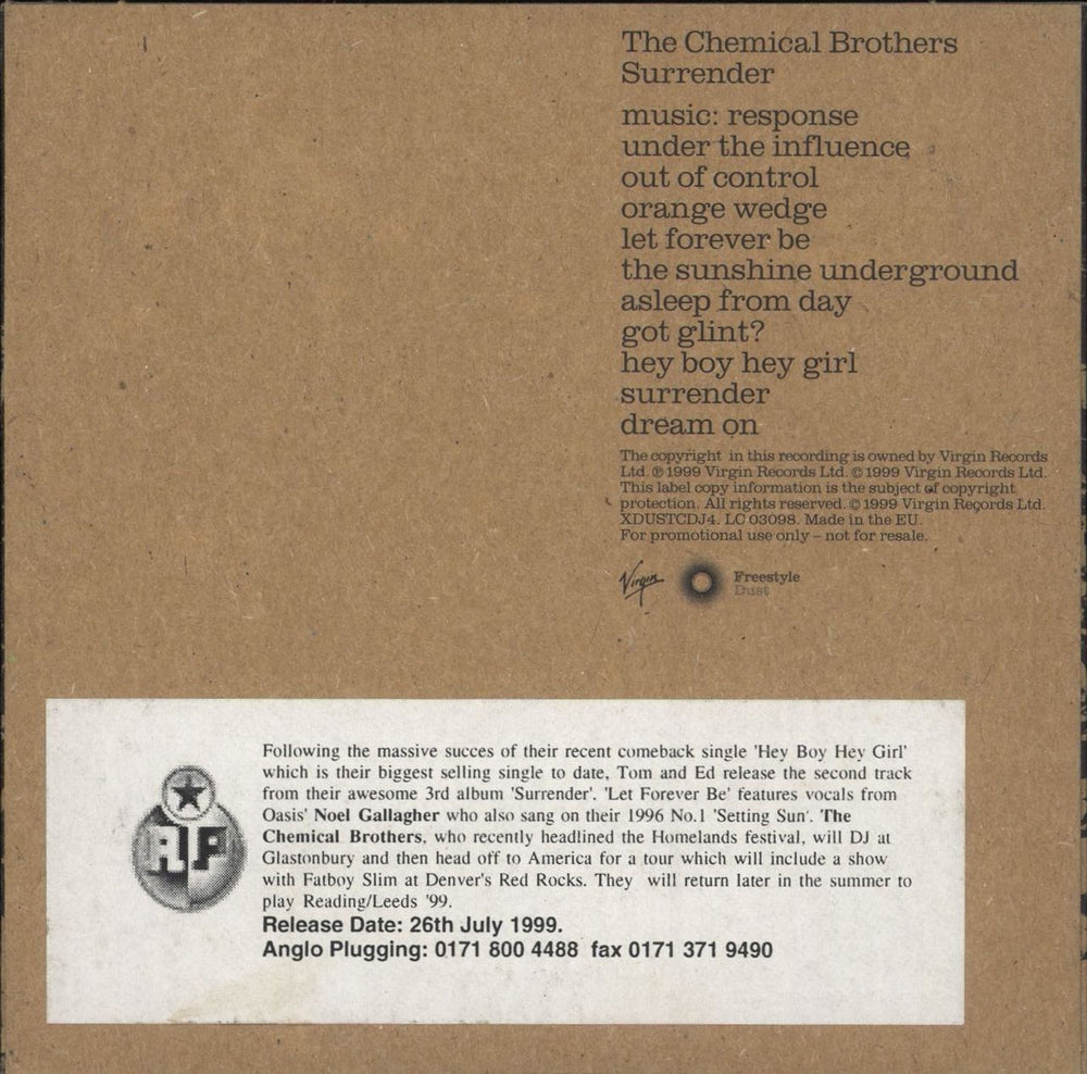 Chemical Brothers Surrender UK Promo CD album (CDLP)