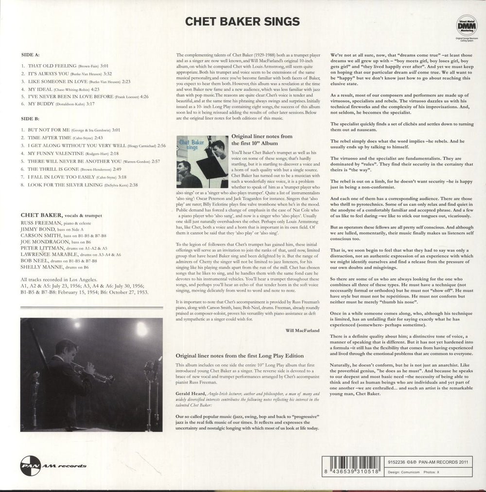 Chet Baker Chet Baker Sings - 180gm Vinyl UK vinyl LP album (LP record) 8436539310518