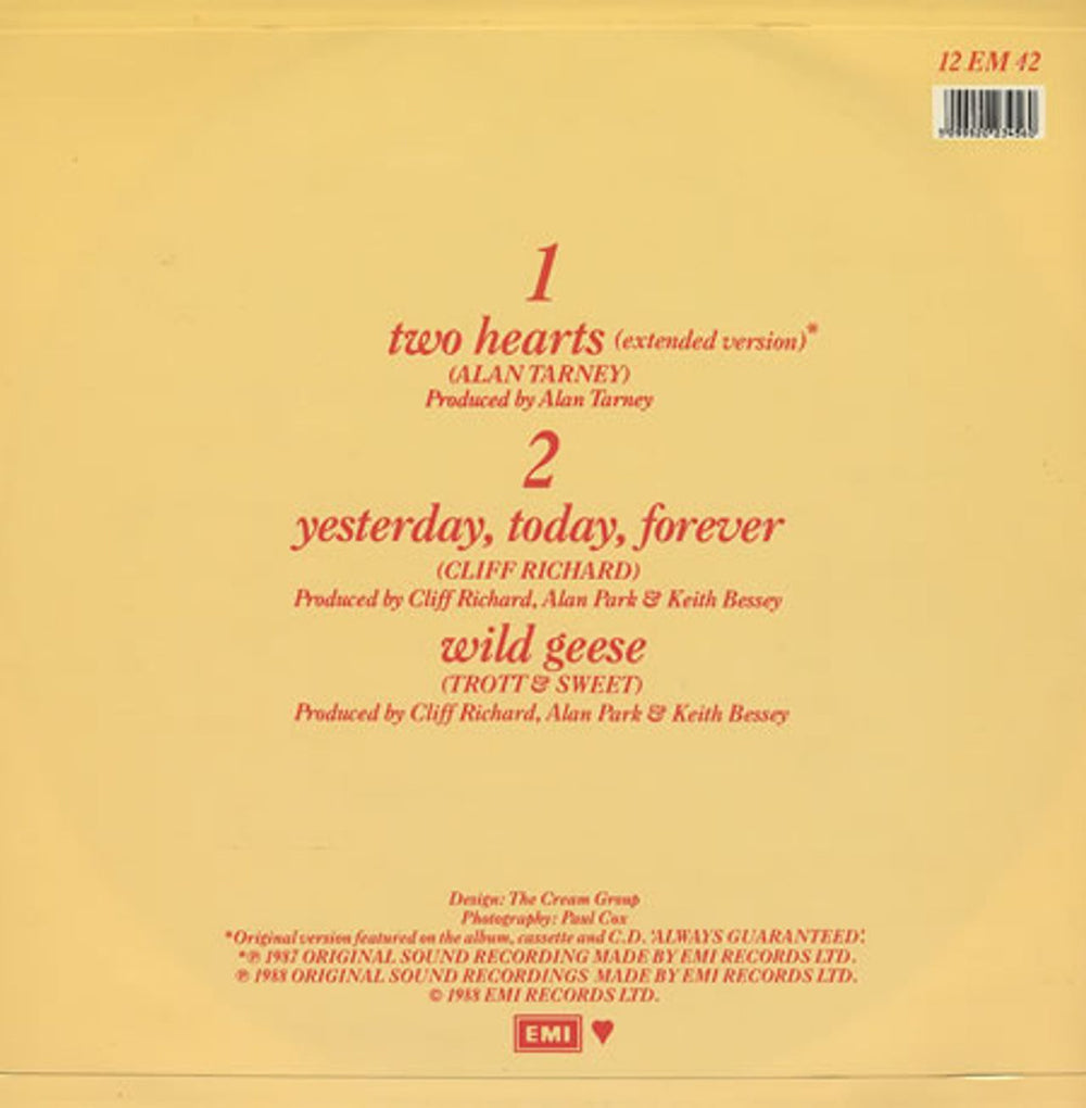 Cliff Richard Two Hearts UK 12" vinyl single (12 inch record / Maxi-single) RIC12TW144655