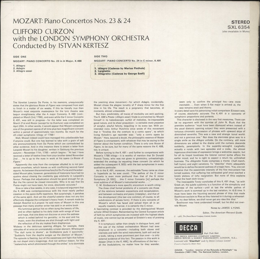 Clifford Curzon Mozart: Piano Concertos Nos. 23 & 24 - WB UK vinyl LP album (LP record)