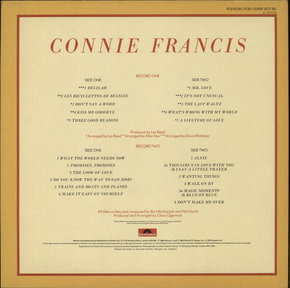 Connie Francis Connie Francis UK 2-LP vinyl record set (Double LP Album)