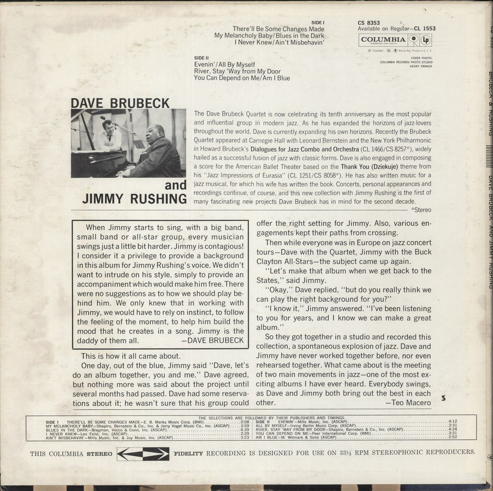 Dave Brubeck Brubeck & Rushing US vinyl LP album (LP record)