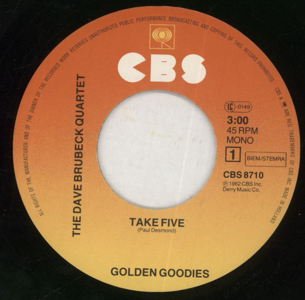 Dave Brubeck Take Five Dutch 7" vinyl single (7 inch record / 45) DBR07TA860273