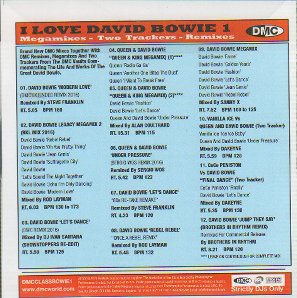 David Bowie DMC Classic Mixes - I Love Bowie: Volume 1 UK Promo CD-R acetate BOWCRDM648518