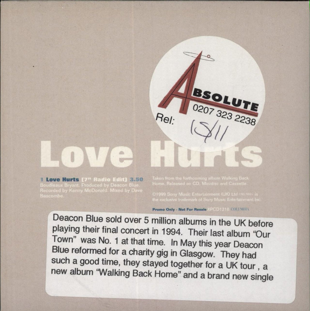 Deacon Blue Love Hurts UK Promo CD single (CD5 / 5")