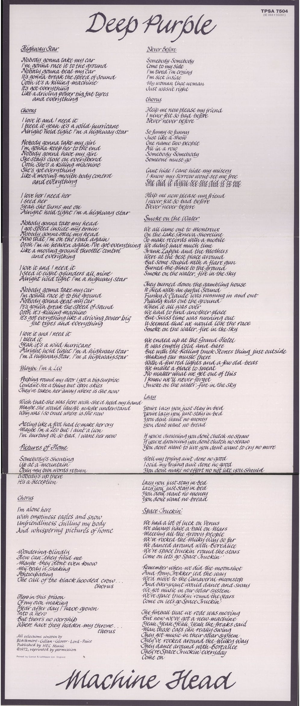 Deep Purple Machine Head - 2nd + Insert - EX UK vinyl LP album (LP record) 1972