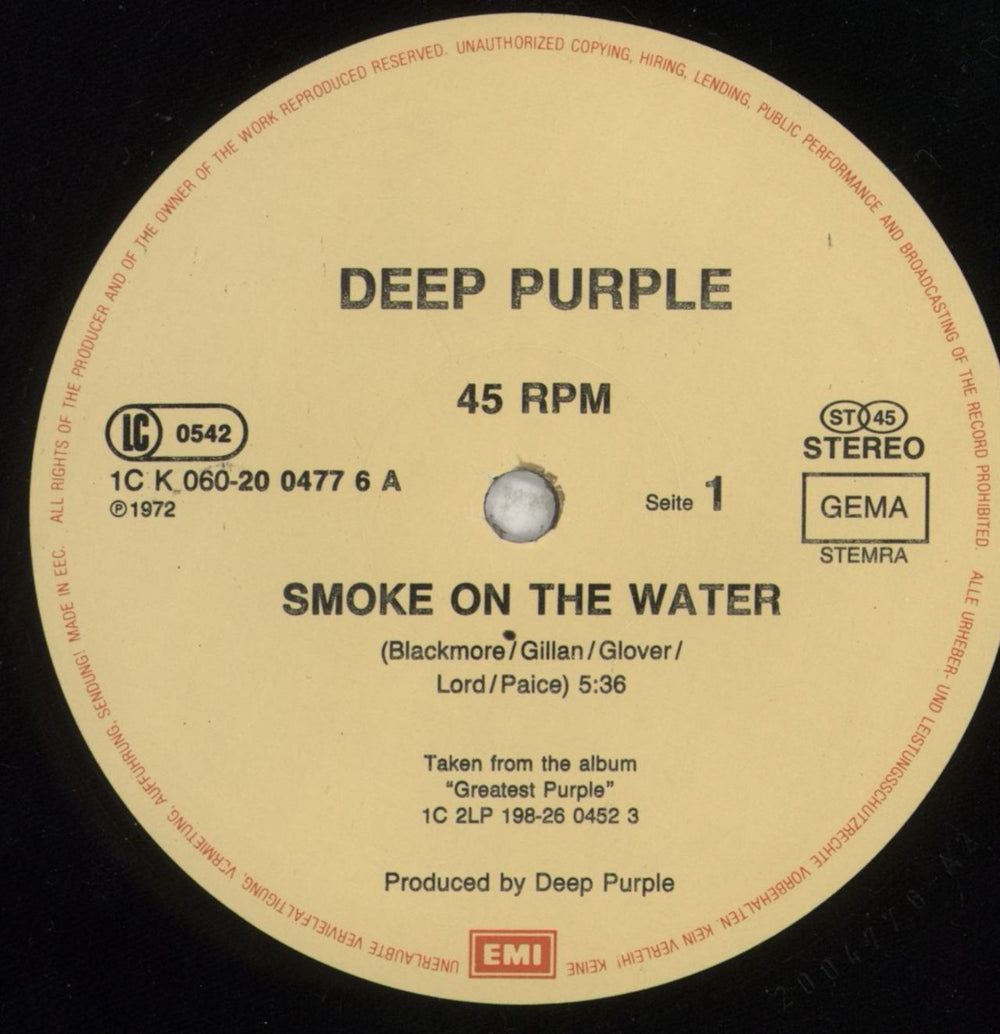 Deep Purple Smoke On The Water German 12" vinyl single (12 inch record / Maxi-single) DEE12SM92639