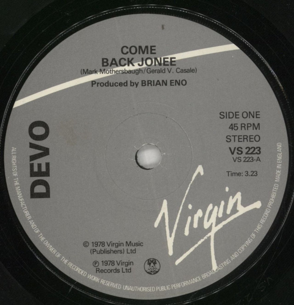 Devo Come Back Jonee + Sticker UK 7" vinyl single (7 inch record / 45) DVO07CO703139
