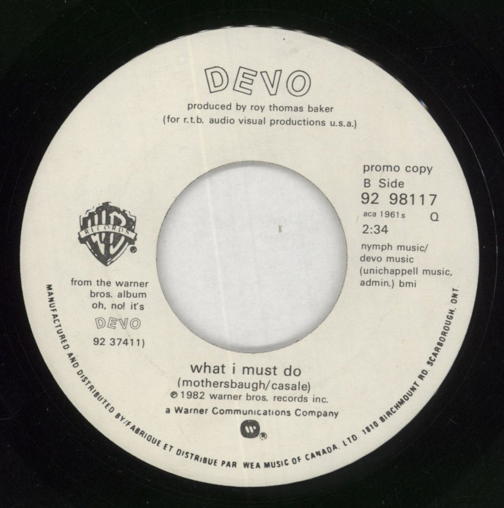 Devo That's Good / What I Must Do Canadian Promo 7" vinyl single (7 inch record / 45)
