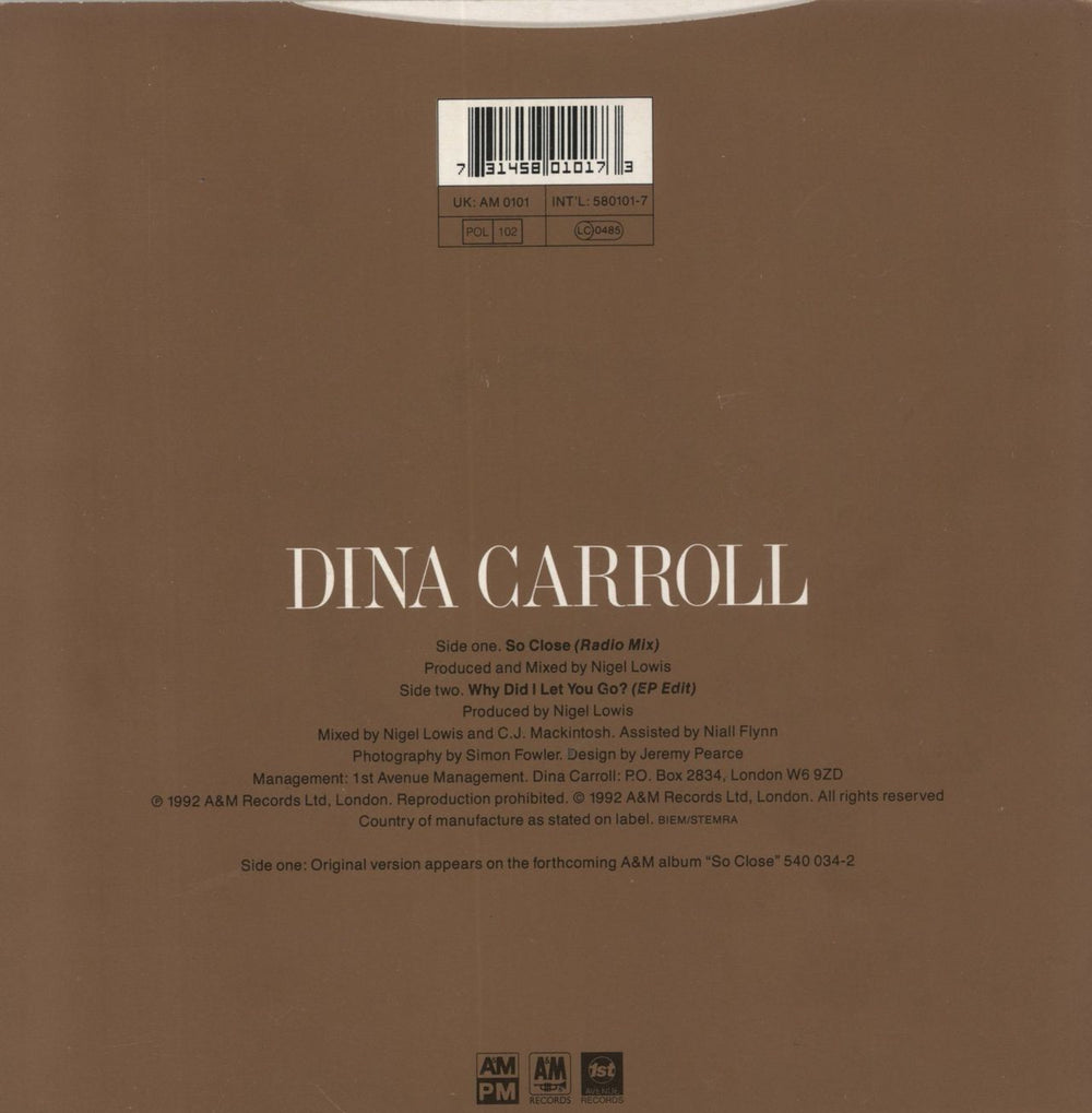 Dina Carroll So Close UK 7" vinyl single (7 inch record / 45) 731458010173