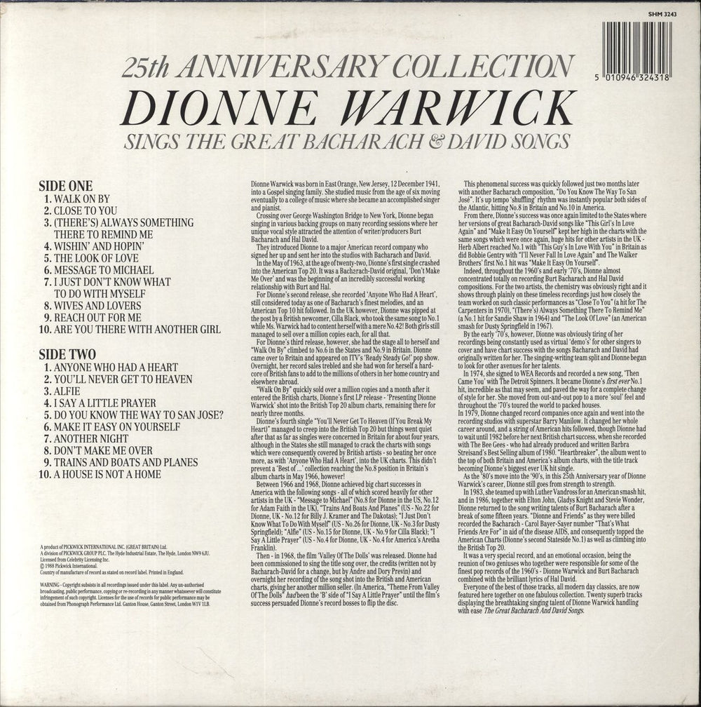Dionne Warwick 25th Anniversary Collection UK vinyl LP album (LP record) 5010946324318