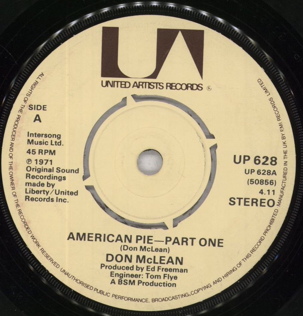 Don McLean American Pie UK 7" vinyl single (7 inch record / 45) UP628