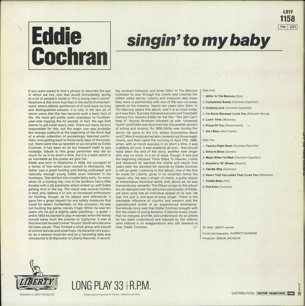 Eddie Cochran Singin' To My Baby French vinyl LP album (LP record)