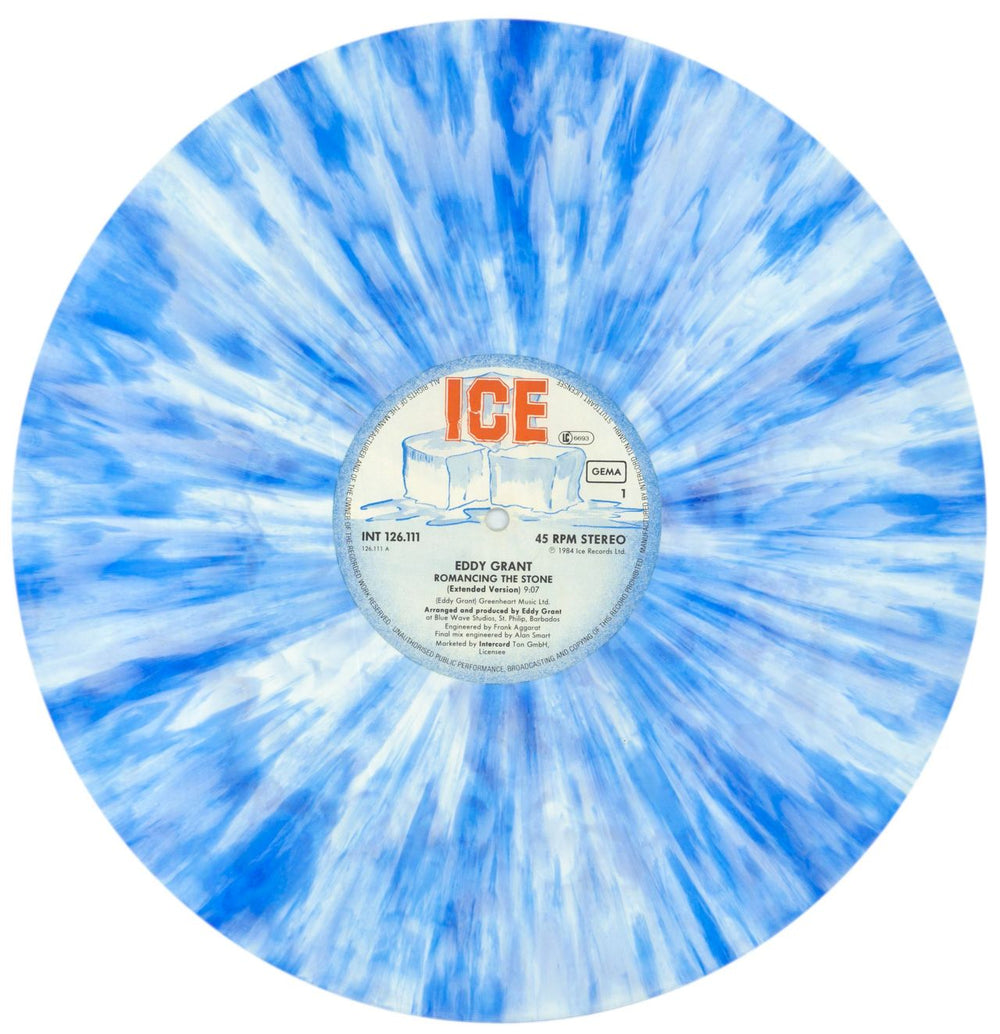Eddy Grant Romancing The Stone - White/Light Blue Marbled Vinyl UK 12" vinyl single (12 inch record / Maxi-single) EDG12RO849051
